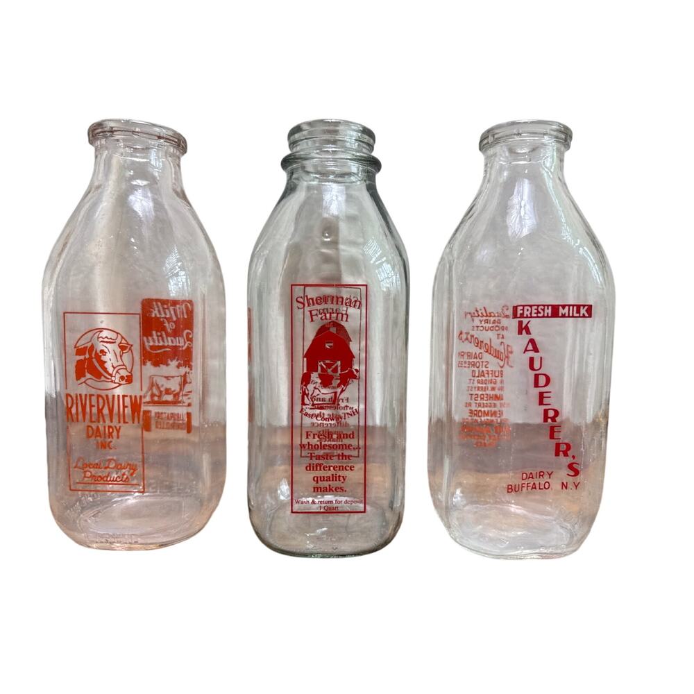 Vintage Glass Quart Milk Bottles Kauderer's Dairy (Buffalo, NY) Riverview Dairy